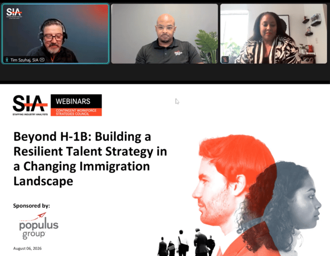 Screenshot of an SIA webinar featuring three speakers and a presentation titled “Beyond H-1B: Building a Resilient Talent Strategy in a Changing Immigration Landscape,” sponsored by Populus Group.