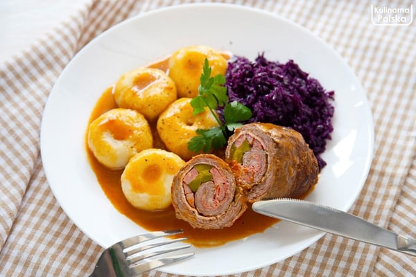 Traditional Polish foods: modro kapusta, slaski kluski, , and rolada.