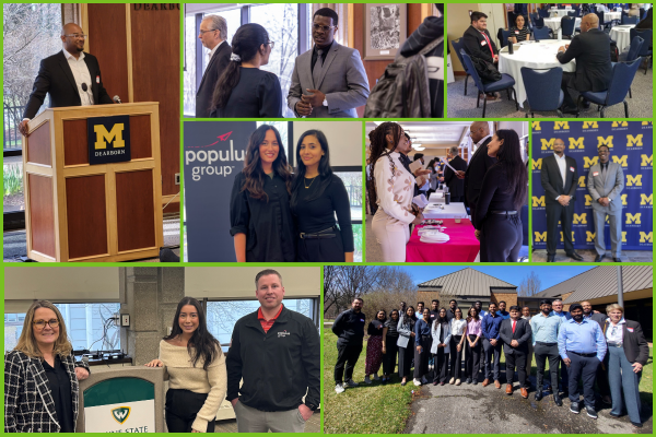 A photo collage from Populus Group FNTM events showing speakers, networking moments, team photos, and campus or event interactions. Images include people presenting at podiums, attending networking sessions, posing in groups, and representing Populus Group at university and professional events.