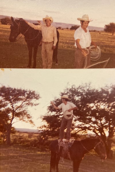 Claudia Gomez's father on the Gomez family ranch in Mexico, standing on a horse.