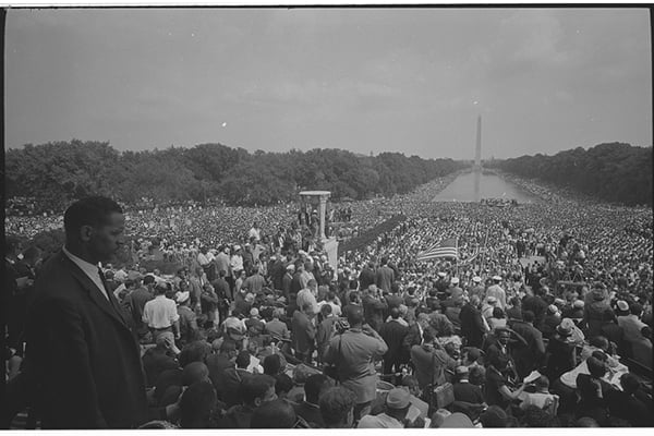 View of the crowd from the Lincoln Memorial during the March on Washington, D.C. in 1963.