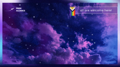 A purple and blue space background with the works Pride Alliance and the PG logo. On one side is the progress flag with the words 'All are welcome here.'